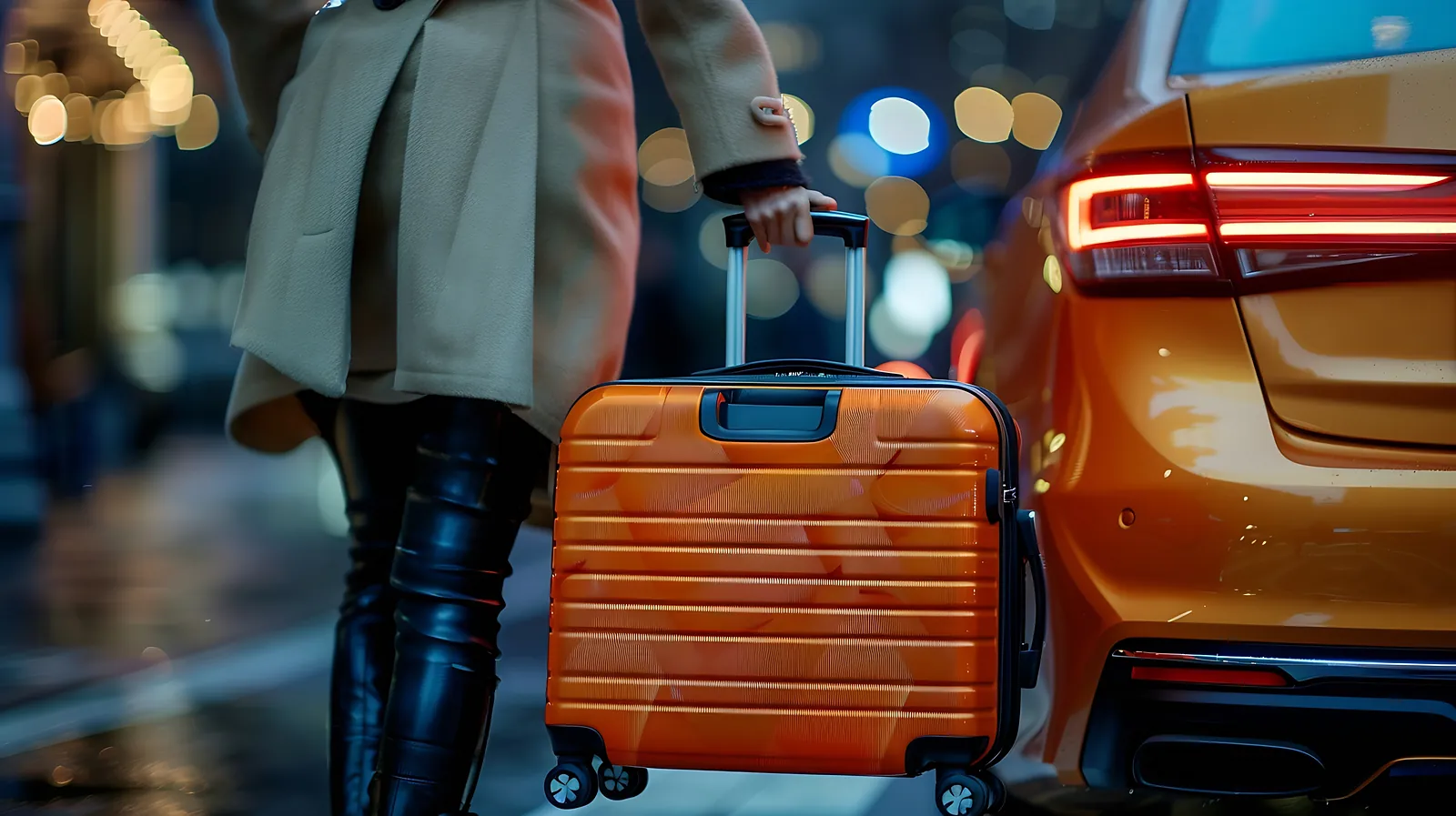 Reisende mit Koffer steigt am Abend in eine Limousine ein