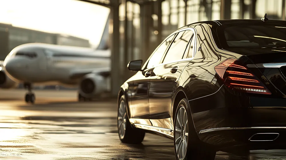 Schwarze Limousine am Flughafen, im Hintergrund ein Flugzeug