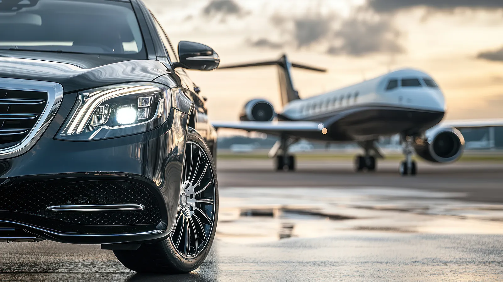 Schwarze Limousine vor einem Privatjet am Abend