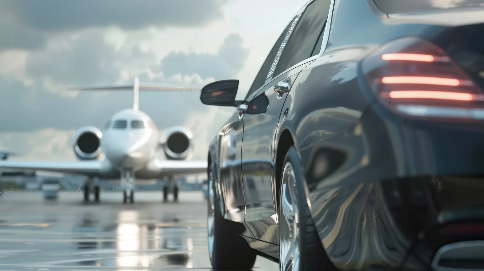 Schwarze Limousine neben einem Jet auf dem Flughafenvorfeld