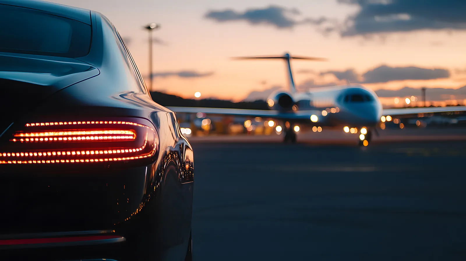 Limousine in der Abenddämmerung vor einem Flugzeug am Flughafen Wien