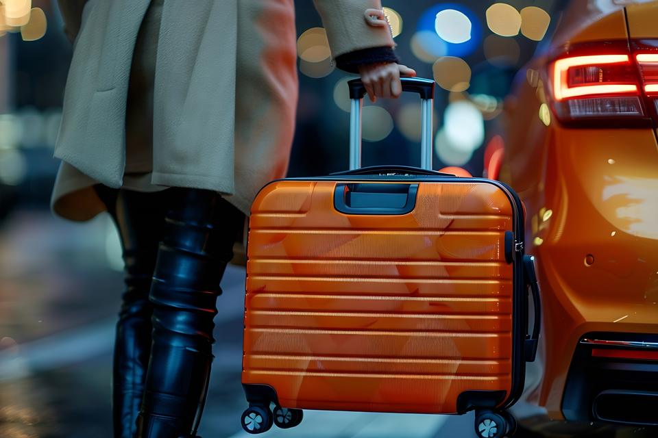 Reisende zieht am Abend einen orangen Koffer zum Auto