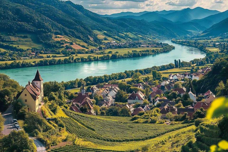 Blick über Weinberge und die Donau in der Wachau