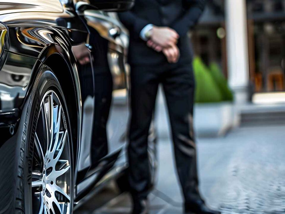 Chauffeur im Anzug wartet neben der Limousine